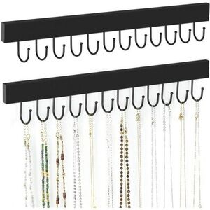 Wall Mounted Jewelry Organizer Set Necklace Holder with 24 Hooks Black Wood
